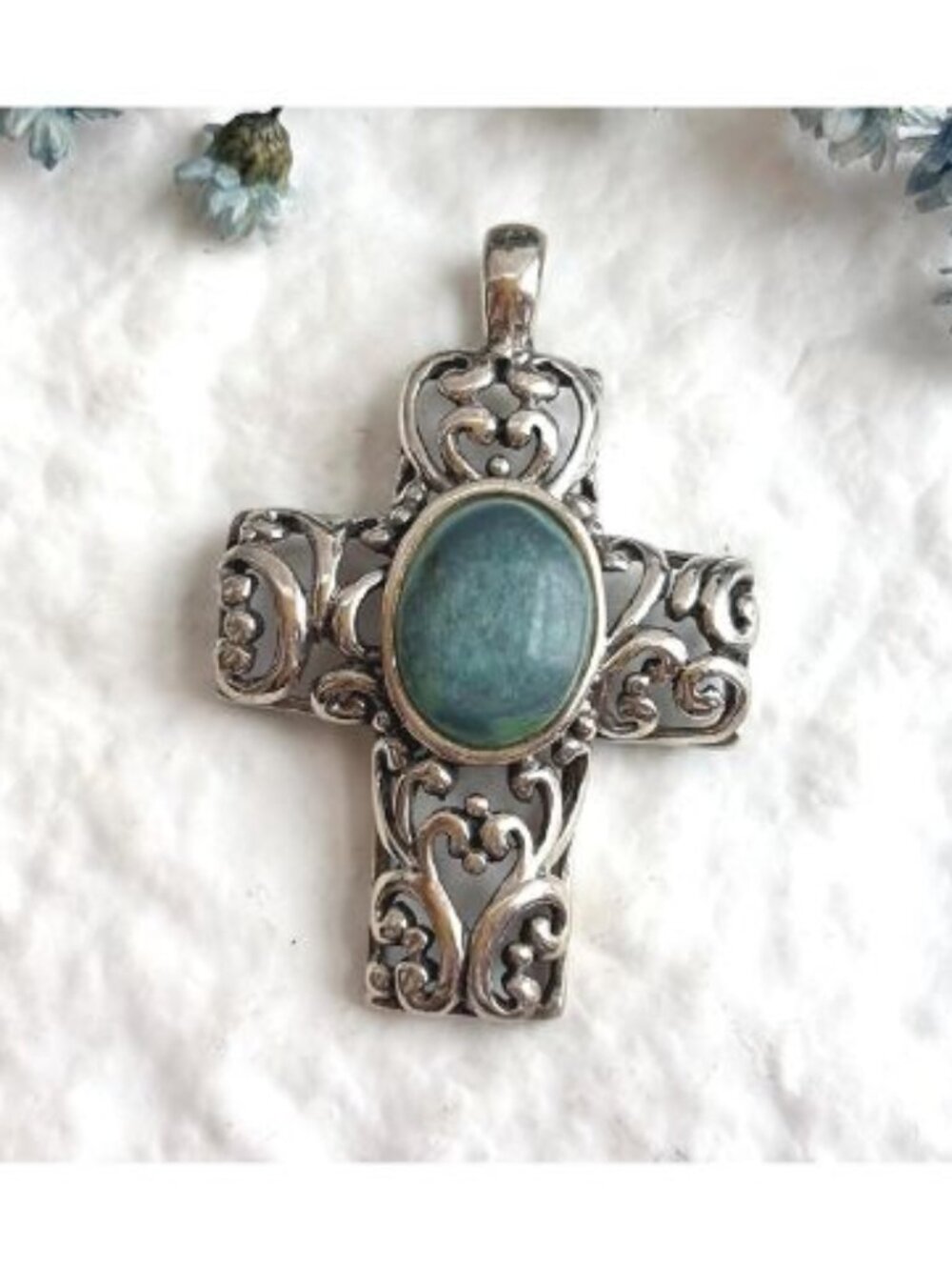 Cross Shaped Turquoise Stone Art Nouveau Silver Toned Vintage Pendant | Charm